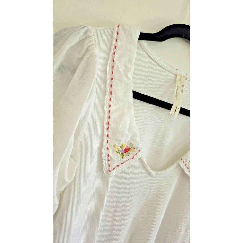 Anthropologie Floral Embroidered Collar Puff Sleeve Boho White Top Sz S
